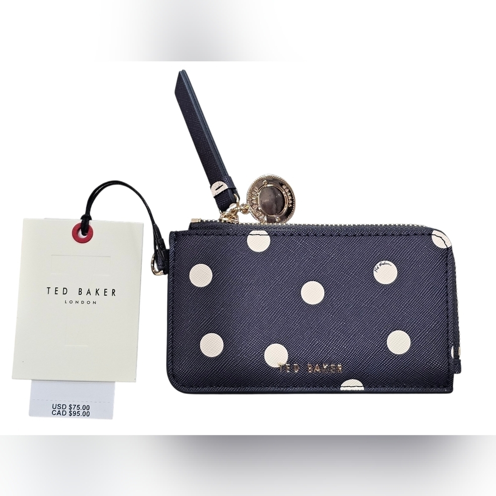 Ted Baker LuLu Navy and Cream Polka Dot Zip Faux Leather Card Holder. New!